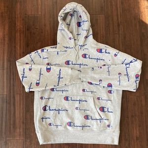 Vintage Champion Reverse Weave Gray Hoodie All Over Print Logo XL Sweatshirt
